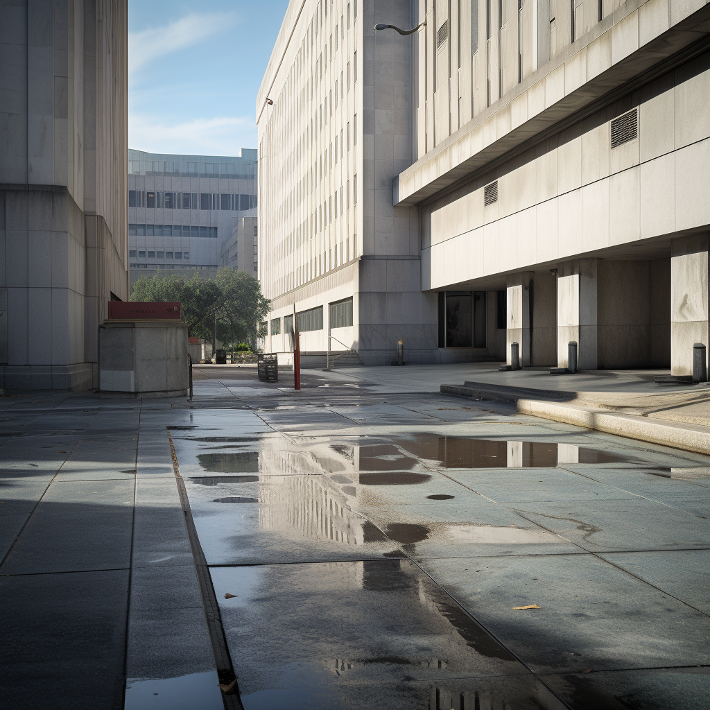 A government building where the sidewalk needs repair, indicating a place where a personal injury lawsuit could be filed.