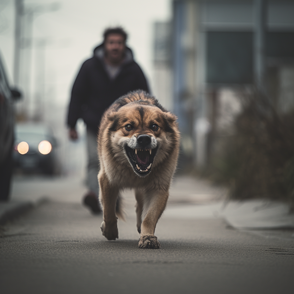 Image of an angry dog and owner prompting a situation where Negotiating Settlements about a Dog Bite might occur. .