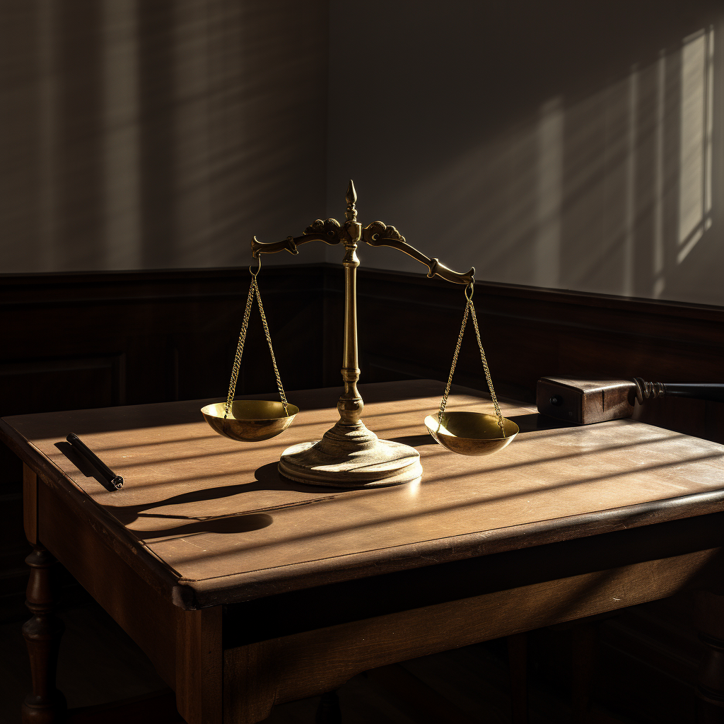 Stark, empty desk other than the scales of justice, symbolizing the weighing of costs and benefits provided by a wrongful termination claim guide.