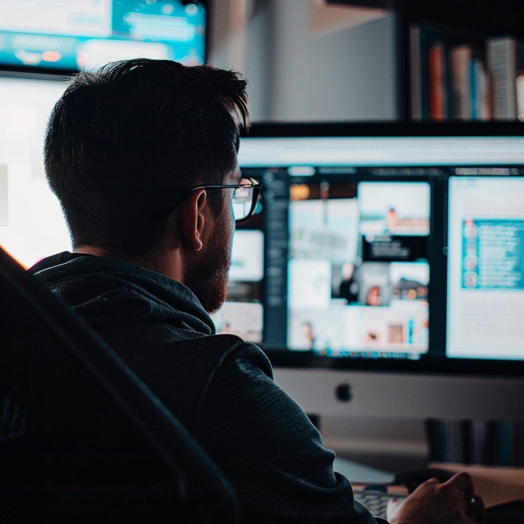 a man looking at a computer screen as an example of employee monitoring that might go on between employers and employees