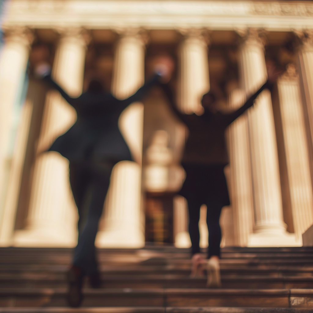 Two people arms raised outside a courthouse, symbolizing winning a personal injury case