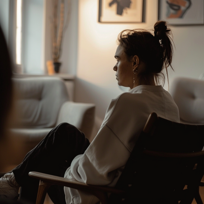 A person sitting down for therapy, demonstrating the psychological effects of suffering personal injury.