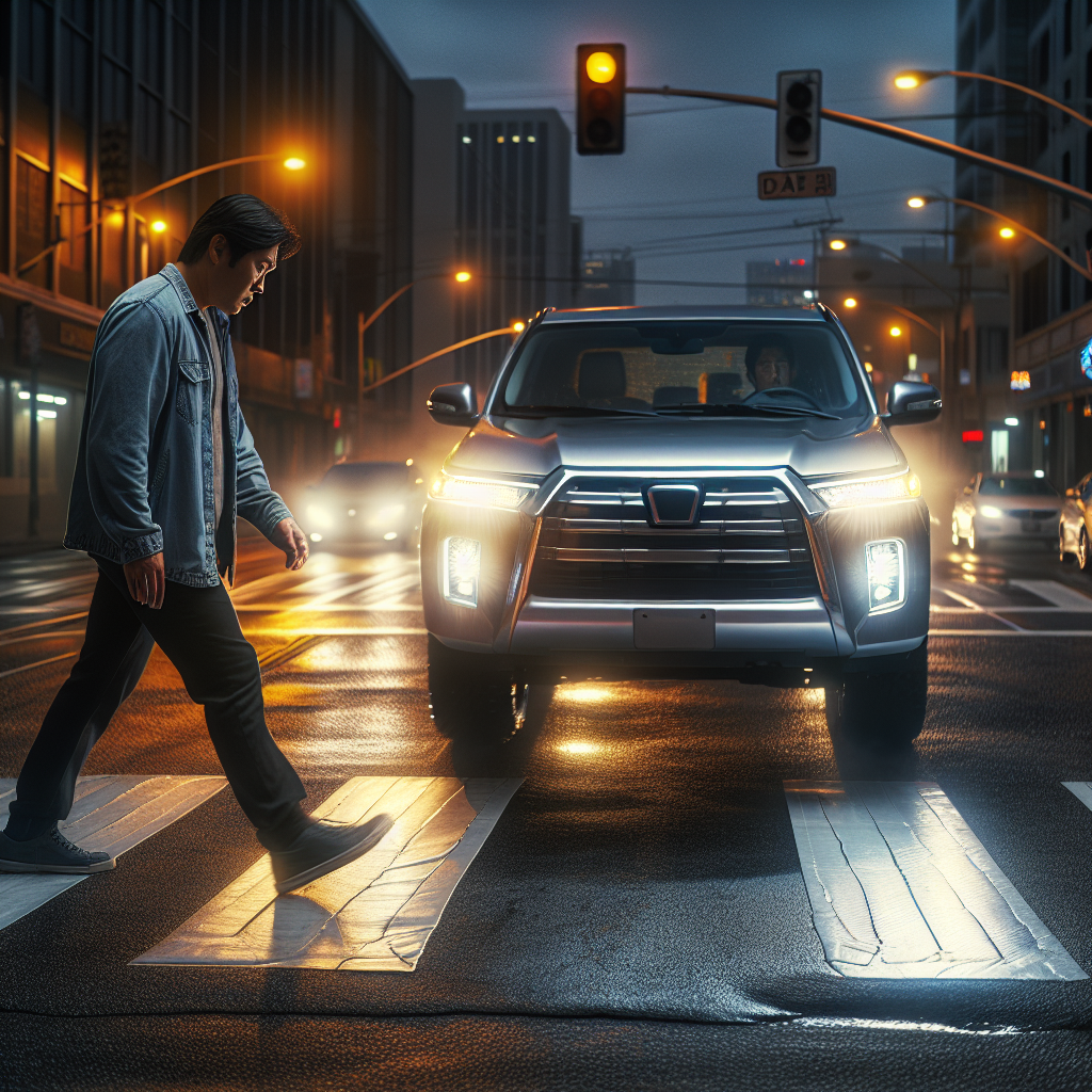 Image of a pedestrian in a crosswalk with an approaching vehicle, indicating danger and legal implications.