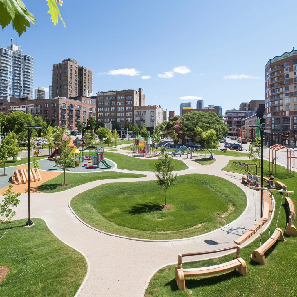 A large grassy park in a city where personal injury on public property could occur.