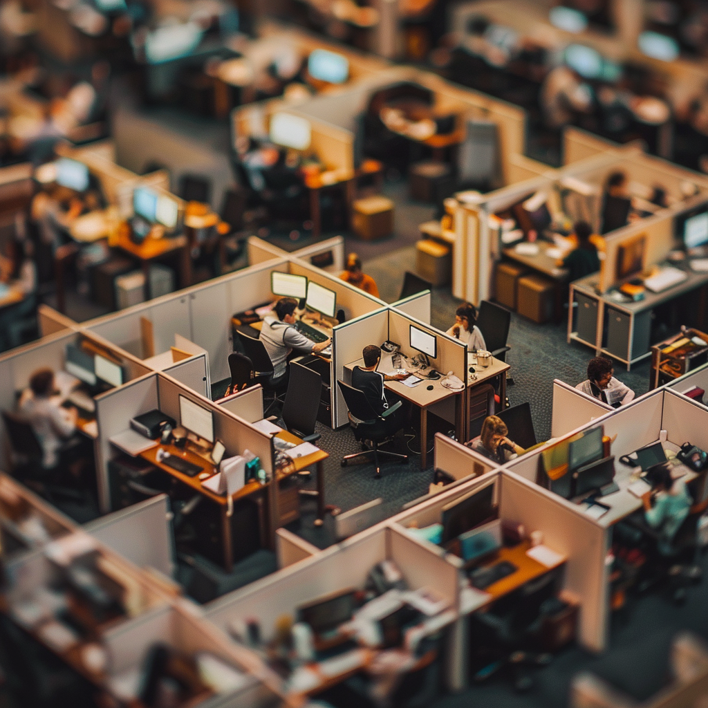 A cubicle farm workplace environment, demonstrating one place where a workplace accident might occur.