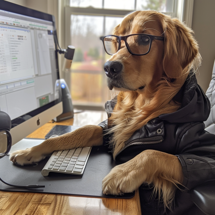 A dog at a desk in front of a computer with glasses and a jacket on.