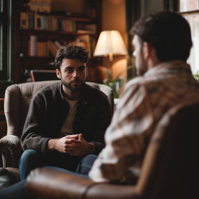 A man speaking with a therapist about a dog bite incident.