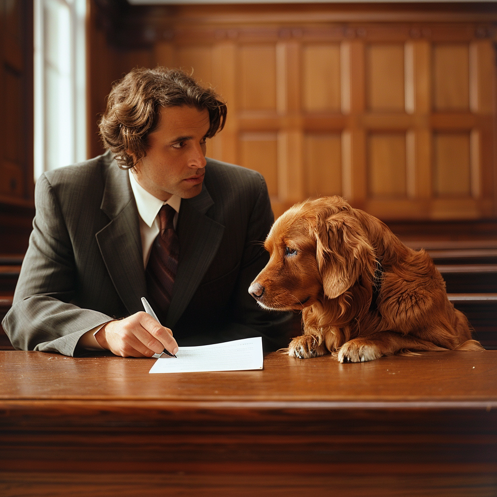 A man cross examining a dog in a courtroom.