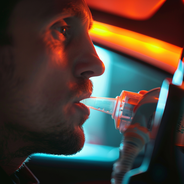 A driver getting administered a breathalyzer.