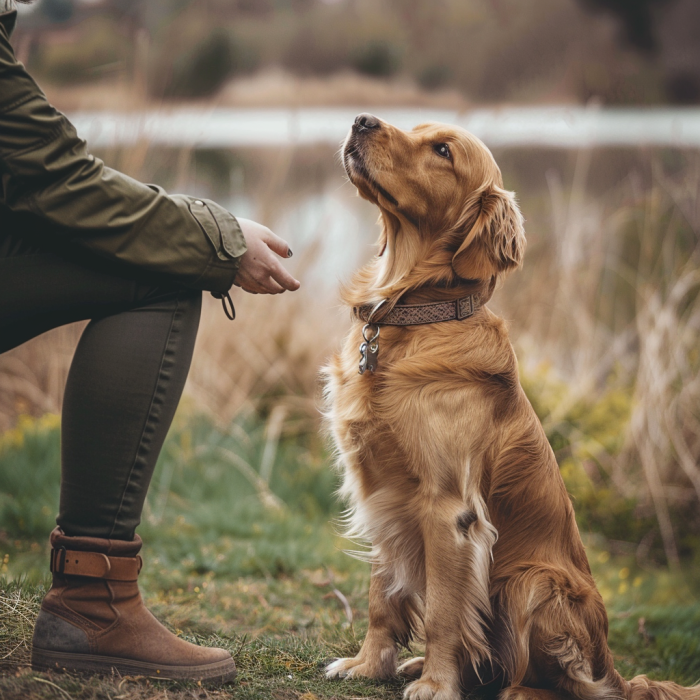 A well behaved dog sitting as the dog's owner instructs them.
