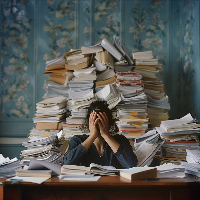 A person overwhelmed with documents, like after an insurance claim following a vehicle accident.