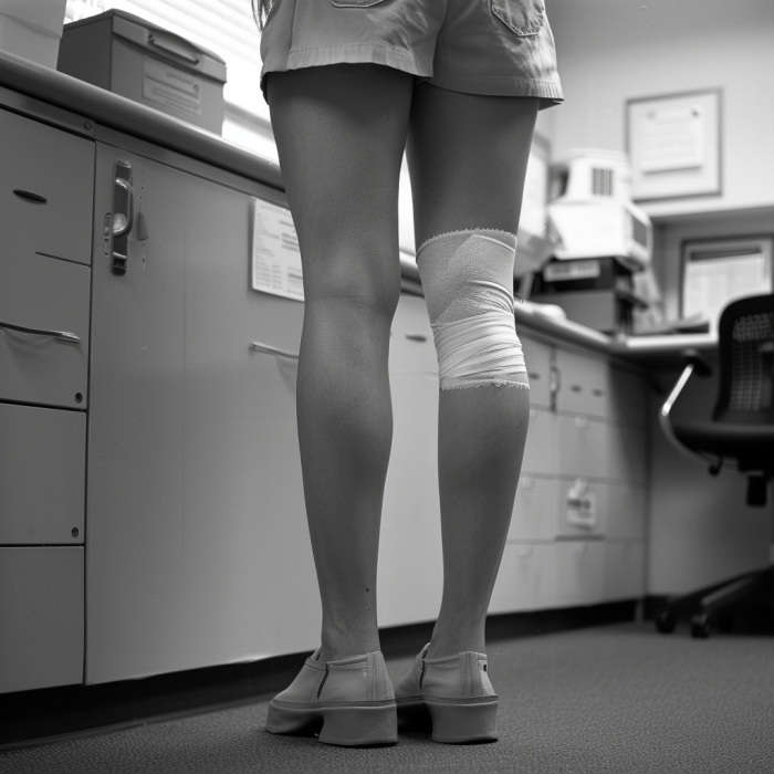 A person standing in line with a bandage on their leg, navigating the aftermath of a dog bite incident.