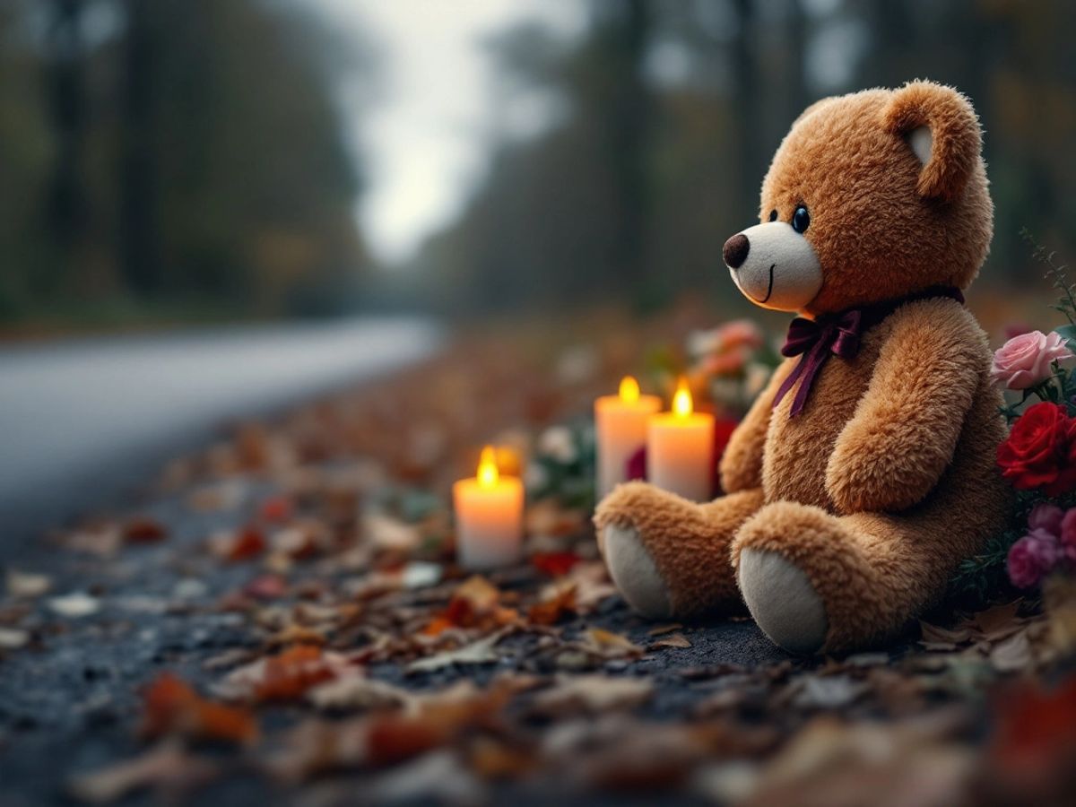 Teddy bear memorial for a child roadside tragedy.