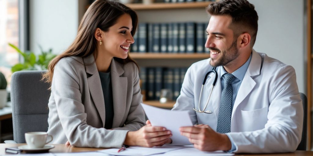 Lawyer consulting with client in a professional office.