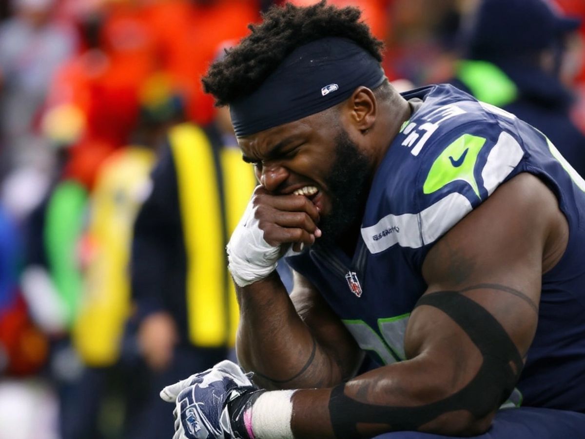 DK Metcalf on sidelines with knee injury, Seattle Seahawks colors.