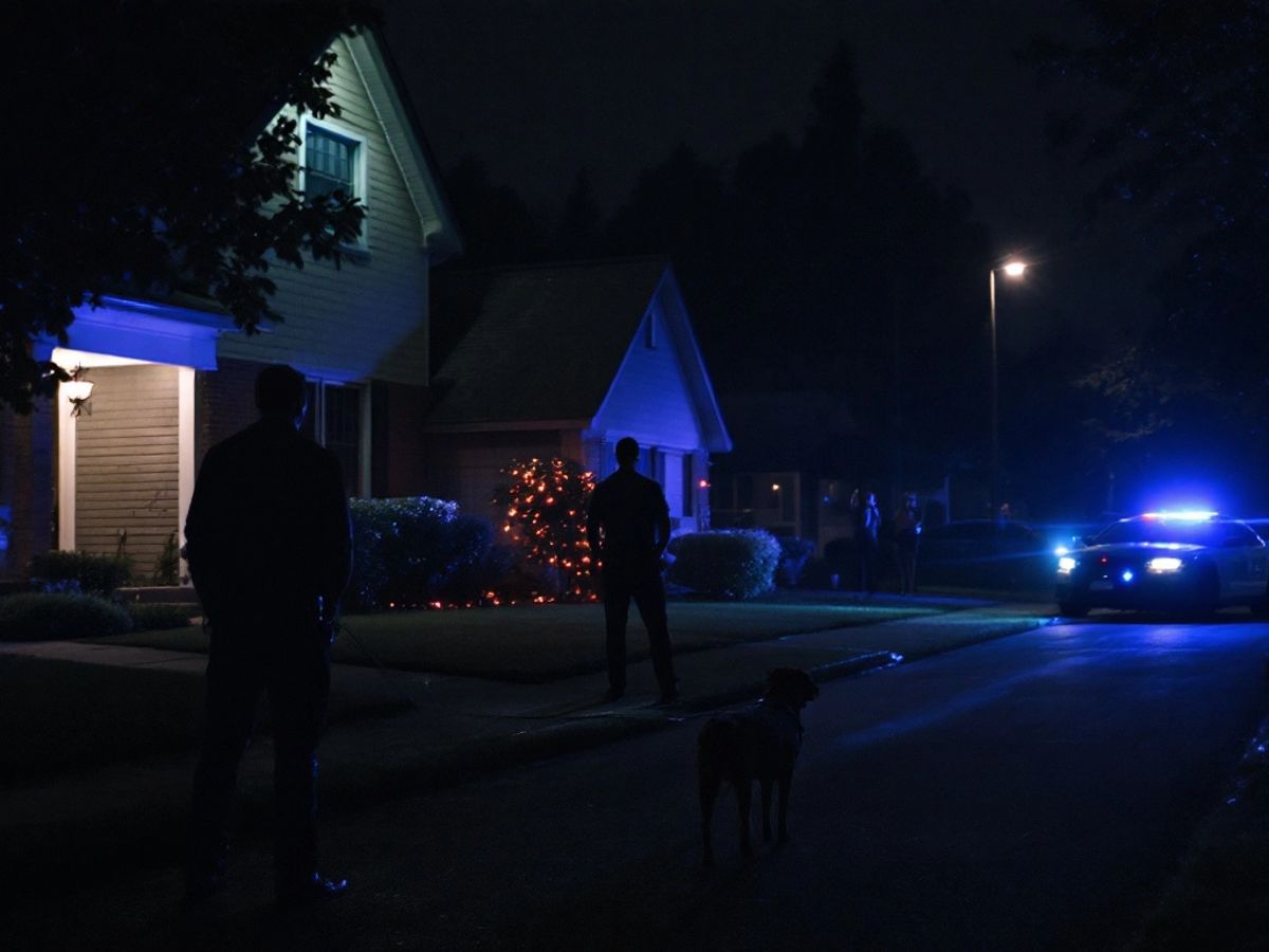 Police lights in a dark neighborhood with a concerned neighbor.