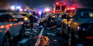 Scene of car accidents with emergency responders at work.