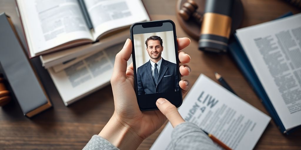 Person with smartphone accessing legal help online.