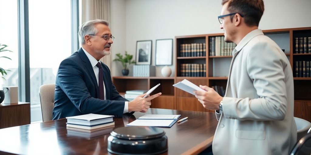 Attorney consulting with a client in a professional office.