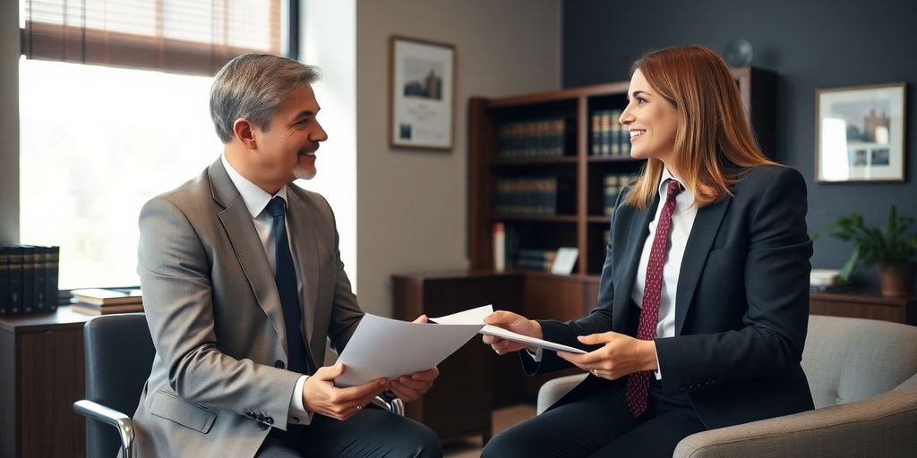 Lawyer and client discussing documents in an office.